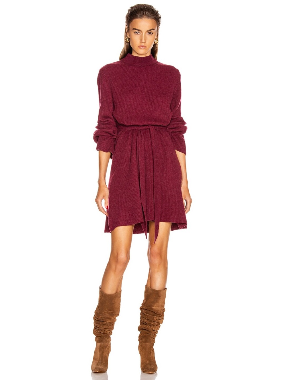 $395 Nanushka Abhaya Ribbed Cashmere Merino Wool Tie Waist Sweater Dress Berry S